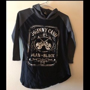 Long sleeve black and grey shirt with grey hood